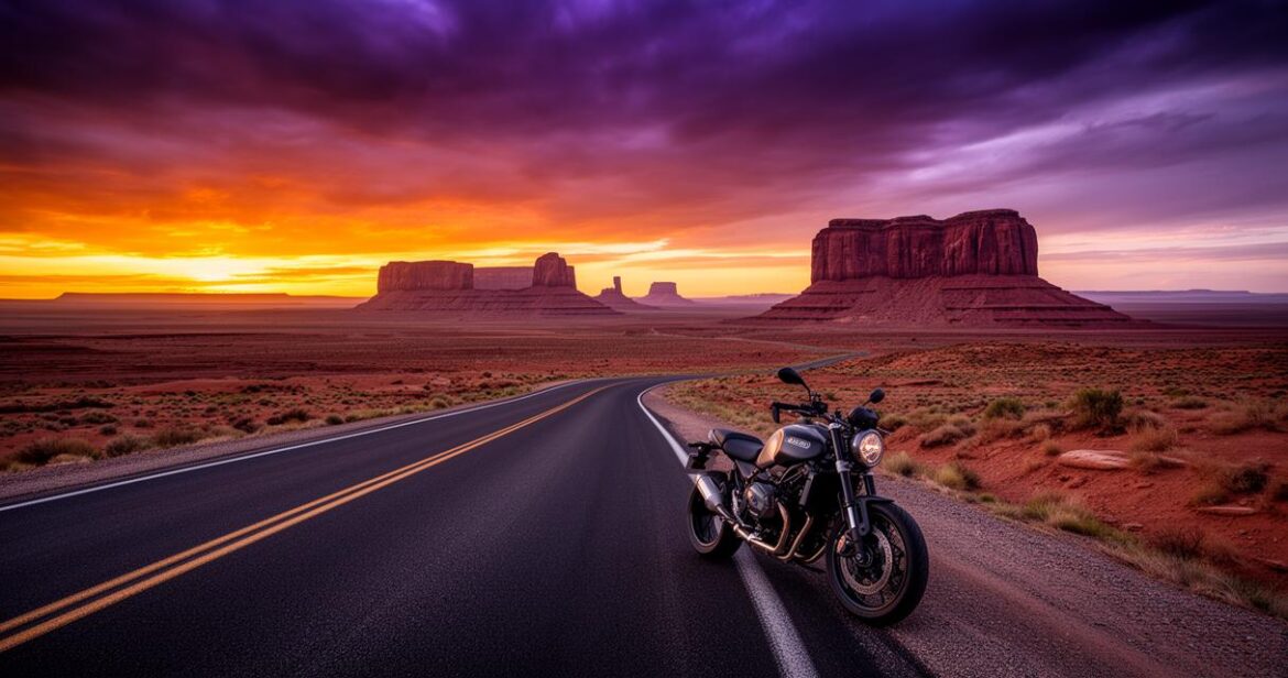 A roadster motorcycle parked on the side of a desert road facing the iconic buttes of Monument Valley during a sunset motorbike tours usa road trip